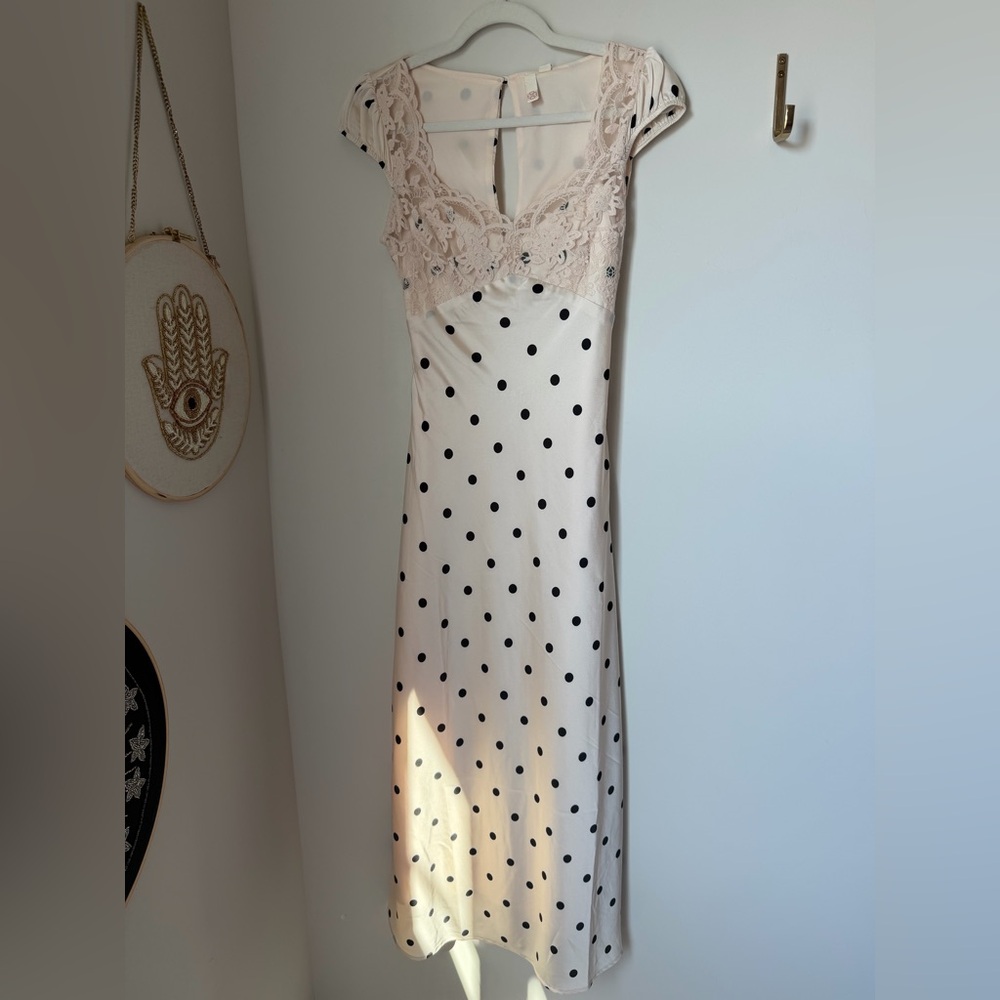 Peach black Polka Dot Lace trim open back slip maxi Dress